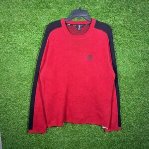 Volcom Mens Crewneck Sweater Red Black Colorblock Knit Pullover Large